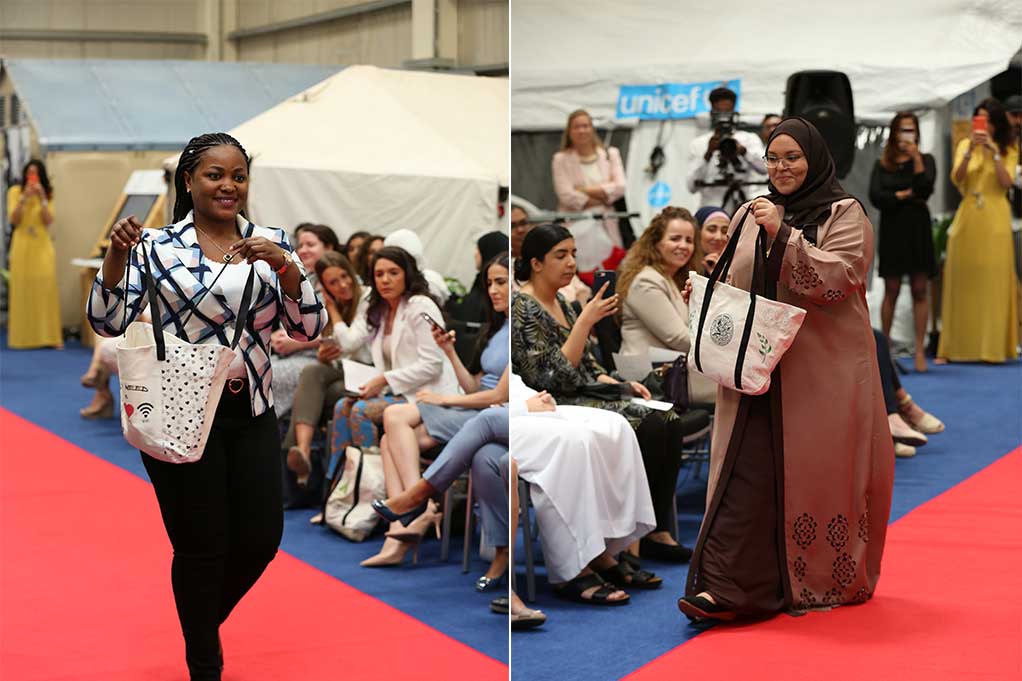 NRS International Bag of Hope for World Refugee Day 2019 - CFD students with their bag designs_winners_catwalk
