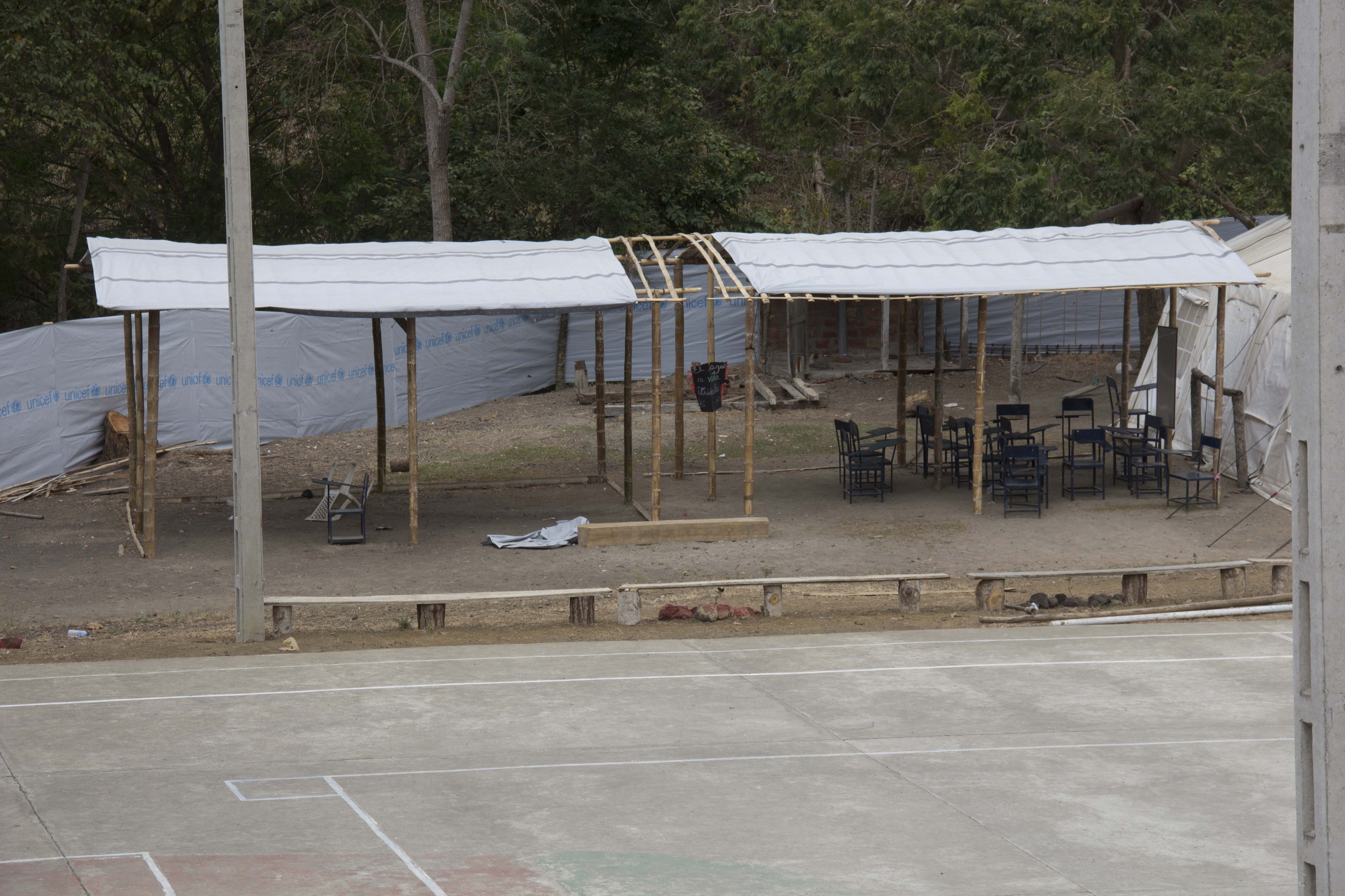 Chairs under the NRS Relief tarpaulins at Ecuador in 2016