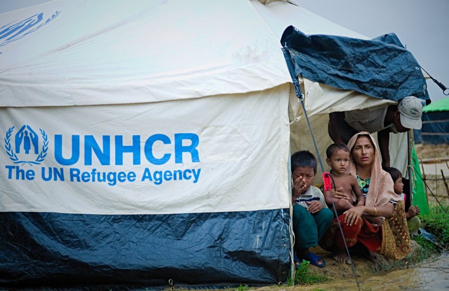 Rohingya women refugees front tent door at Kutupalong camp Bangladesh